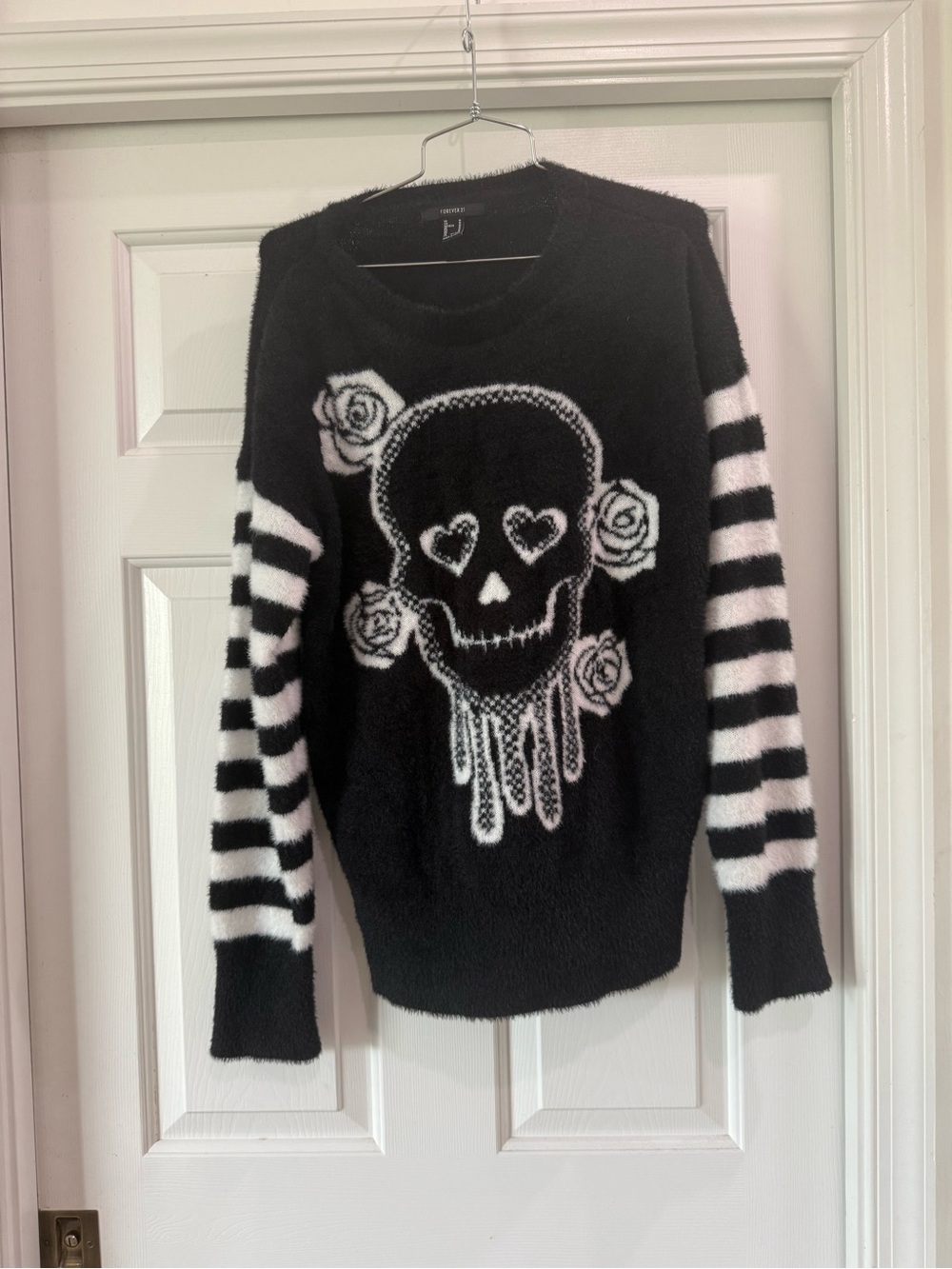 Forever 21 Fuzzy Black & White Skull Sweater